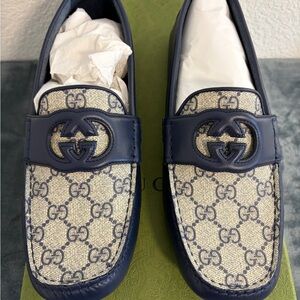 Gucci Navy Blue and Beige GG Canvas Loafers Unisex